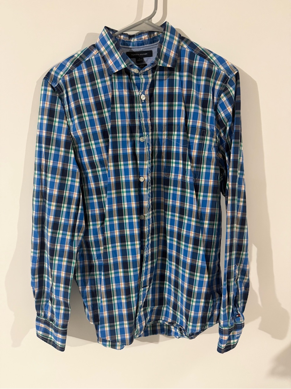 Tommy Hilfiger Men’s Blue, Green & White Plaid Button-Down Shirt